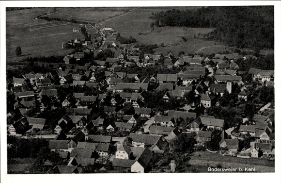 Postcard Bodersweier Kehl am Rhein, aerial view of a village, many houses, rural surroundings, trees