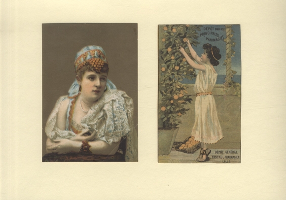 2 wafers / lacquer images / merchant images, young woman in traditional costume, harvesting oranges, each approx. 14 x 9.5 cm