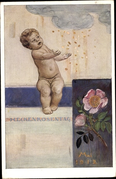 Artist postal stationery PC Kaulbach, Friedrich, August, Heckenrosentag May 1912, small child, rain of money