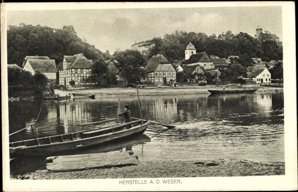 Postcard Herstelle Beverungen Nordrhein Westfalen, Weser, Teilansicht, Fährboot