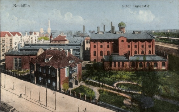 Postcard Berlin Neukölln, Municipal Gas Works