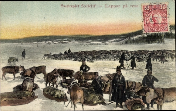 Postcard Swedish folklife, Lappers on journey, Lapland, Reindeer Herder, Reindeer Schlitten