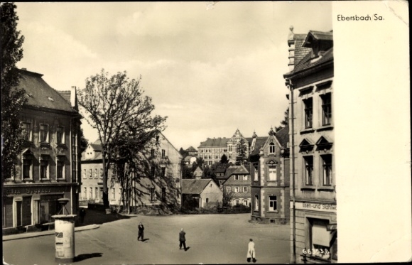 Postcard Ebersbach in Saxony, street, shop, advertising column