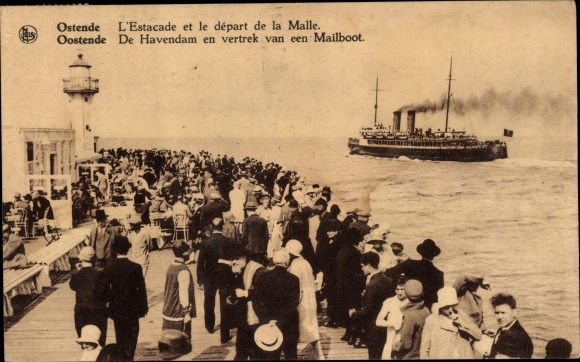 Postcard Oostende Ostend West Flanders, L&#39;Estacade et le depart de la Malle, steamboat