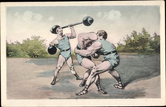 Postcard weightlifter with barbell, wrestler