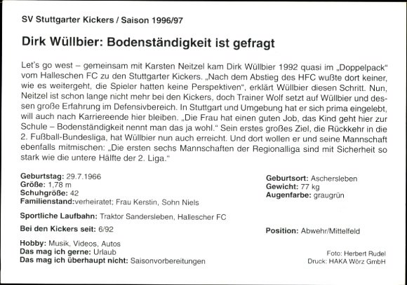 Karta autografu piłkarza Dirka Wüllbiera, SV Stuttgarter Kickers, autograf