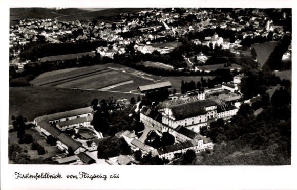 Postcard Fürstenfeldbruck in Upper Bavaria, aerial view of cityscape, green landscape
