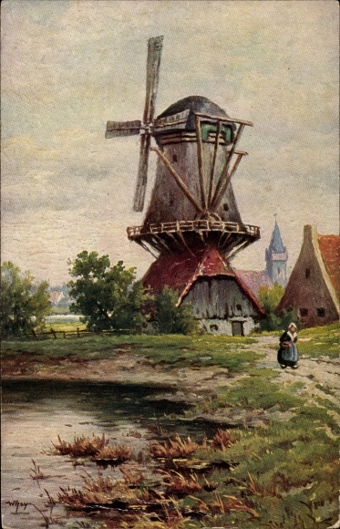 Artist Postcard Hoy, W., Windmill I., Church Tower, Riverbank