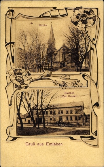 Jugendstil Ak Emleben in Thüringen, Kirche, Gasthof zur Krone