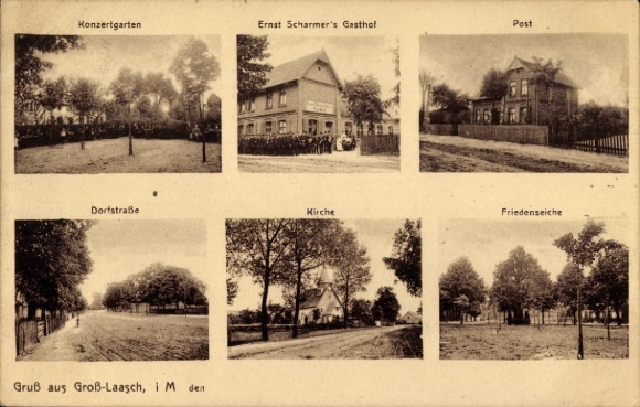 Postcard Groß Laasch in Mecklenburg, Gasthof Ernst Scharmer, post office, concert garden, church, Peace Oak