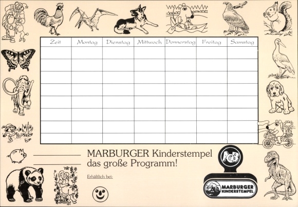 Timetable Marburg children&#39;s stamp, broadcast with the mouse, animals, dinosaurs around 1970