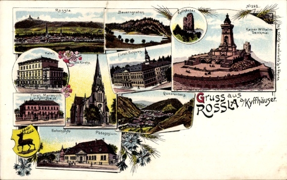 Chromo-Litho Roßla am Harz, church, palace, Marienstift, Pädagogium, castle, Kyffhäuser monument