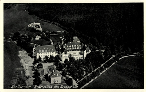 Postcard Bad Dürrheim Baden Württemberg, aerial photograph of the children's salt bath, forest