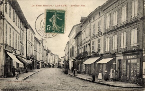 PC Lavaur Tarn, street with shops, postmark, French stamp, Tabac