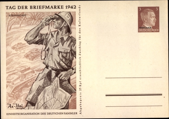 Postal stationery artist PC Axster Heudtlass, stamp day 1942, Afrika Korps, tanks