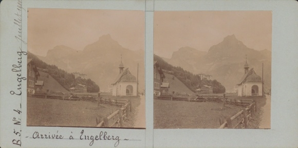 Zdjęcie stereo Engelberg Kt. Obwalden Szwajcaria, częściowy widok, kaplica, 1900 rok