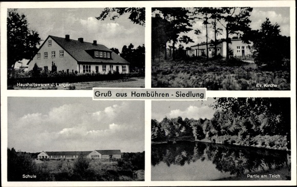 Postcard Hambühren in Lower Saxony, Evangelical Church, household goods store, school, pond