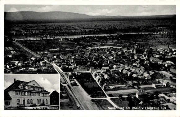 Postcard Neuenburg am Rhein Baden, aerial photograph, inn and cafe Zum Bahnhof
