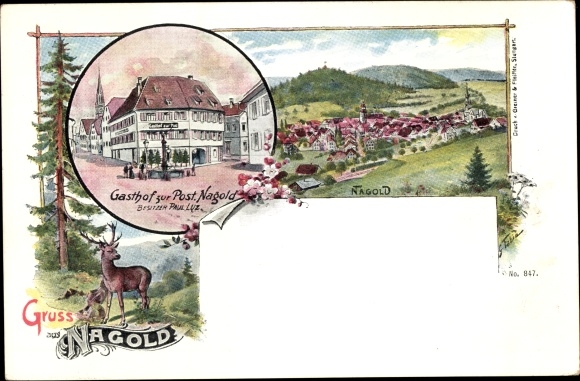 Litho Hochdorf (bei Horb) Nagold im Schwarzwald, Gasthof zur Post, Totale, Hirsch im Wald