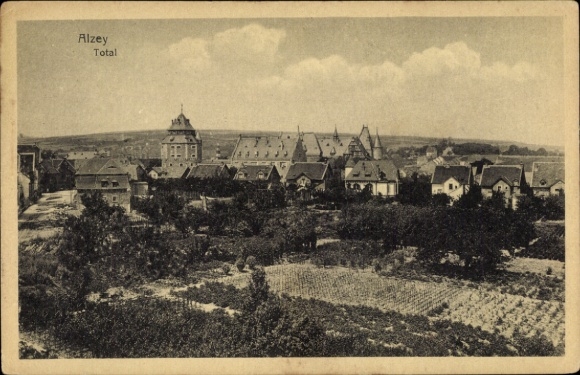 Postcard Alzey in Rheinhessen, city view, buildings, clouds, rural surroundings