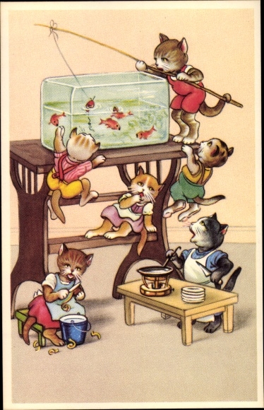 Postcard cats want to catch fish in the aquarium, fishing