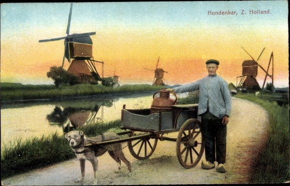 Postcard South Holland, dog cart, windmills