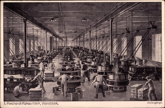 PC Hamburg Wandsbek, Reichardt cocoa factory, interior view, pan mills, workers, machines