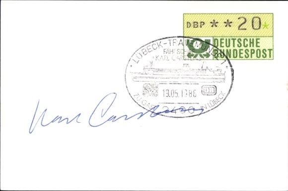 Autogramm Karl Carstens, Stempel Lübeck Travemünde, Fährschiff Karl Carstens, 19.05.1986