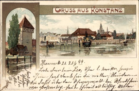 Artist Chromo-Litho Mutter, K., Konstanz on Lake Constance, city view, tower