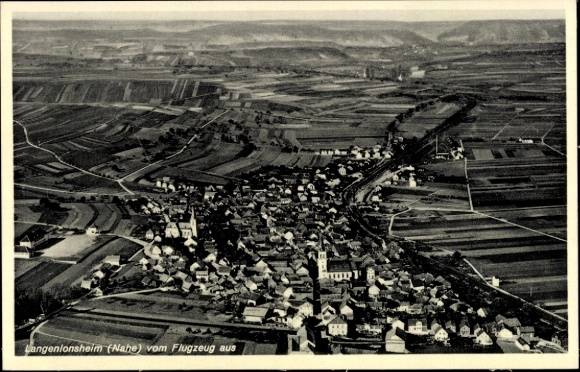 Postcard Langenlonsheim on the Nahe Pfalz, aerial view of vineyards, fields, houses