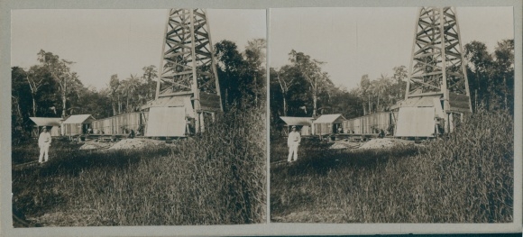 Stereofoto boortoren, petroleum, wereldreis 1914