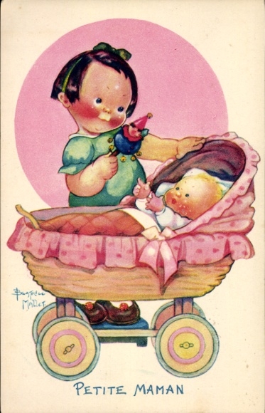 Artist Postcard Mallet, Beatrice, Petite Maman, girl with rattle, baby, stroller