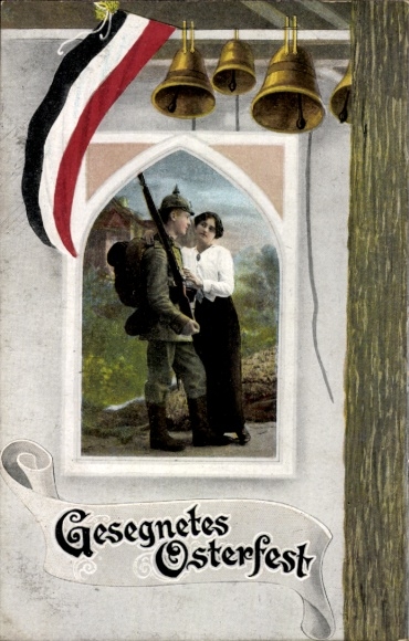 Ak Glückwunsch Ostern, Fahne, Soldat mit Frau