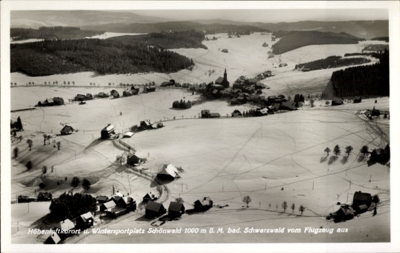 Postcard Schönwald in the Black Forest, bird's eye view of the winter sports area, snow-covered landscape,