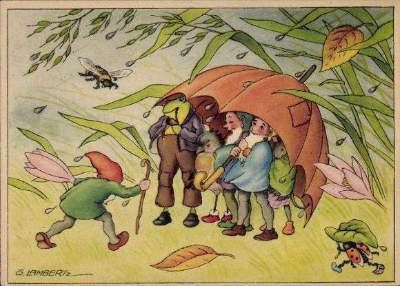 Künstler Ak Lambertz, G., Zwerge unter Regenschirm, Frosch, Marienkäfer, Biene, Vogel, Maus