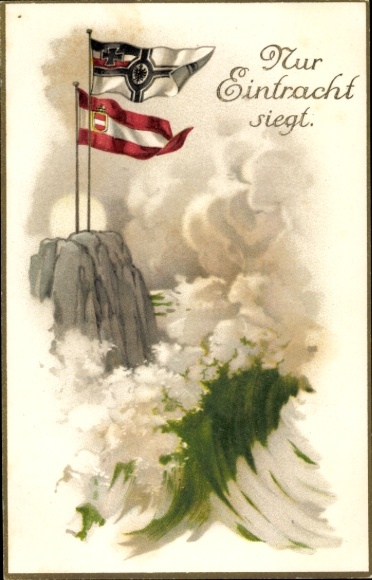 Postcard Only unity wins, flags of the Empire and Austria Hungary, naval flag, storm