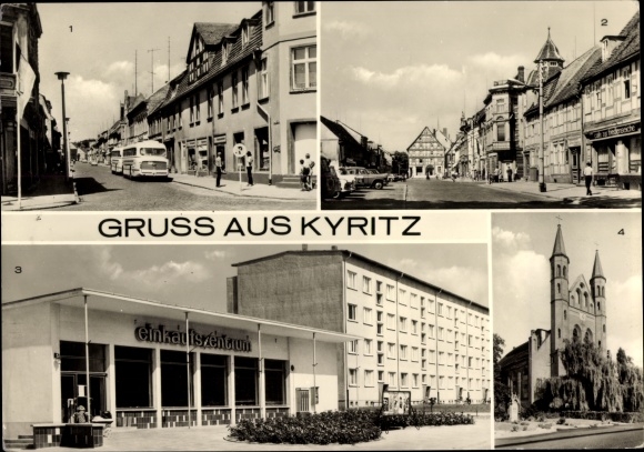 Postcard Kyritz in the Prignitz, Wilhelm-Pieck-Strasse, Unity Square, shopping center, church