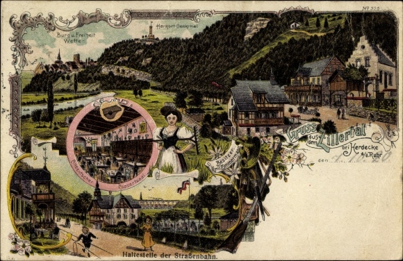 Litho Herdecke an der Ruhr, Zillertal, tramhalte, oude Duitse concertzaal