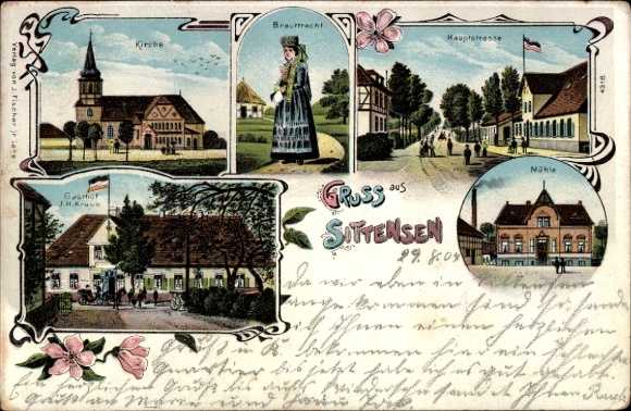 litho Sittensen in Nedersaksen, kerk, bruidskostuum, hoofdstraat, herberg