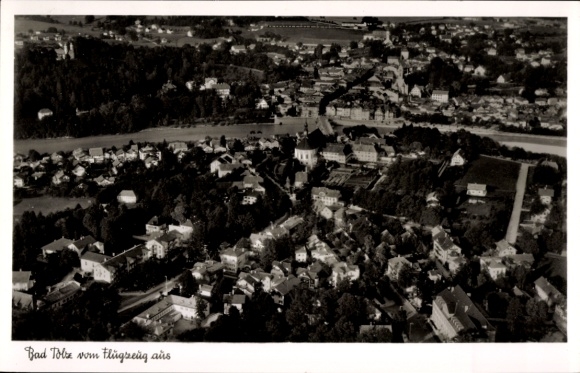 Postcard Bad Tölz in Upper Bavaria, aerial photograph of houses and landscape, black and white