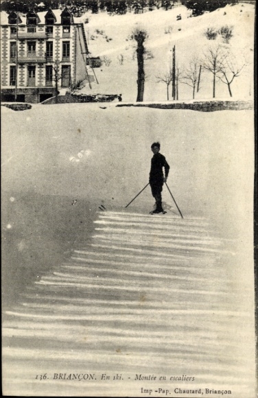 Postcard Briançon Briancon Hautes-Alpes, skier, stair assembly, snowy landscape, city view