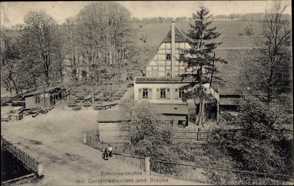 Postcard Dresden Gompitz Ockerwitz, Zschonergrund, Zschoner Mühle, garden restaurant, bridge