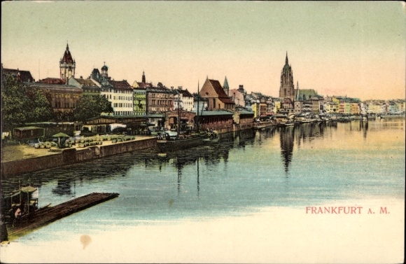 Postcard Frankfurt am Main, river view, colorful