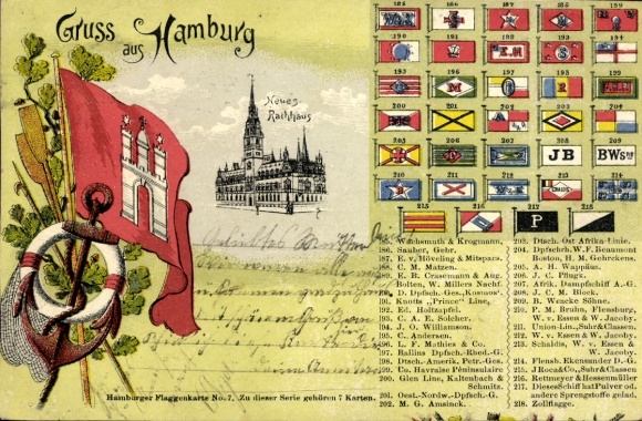 Coat of arms Passepartout Postcard Hamburg, New Town Hall, shipping company flags, Ballin, DOAL, customs flag