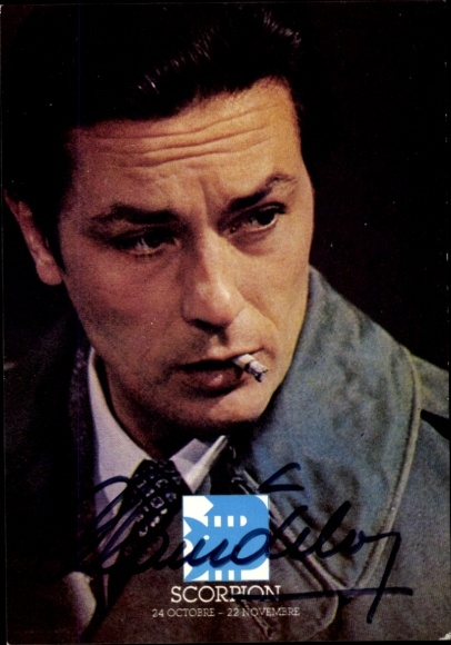 Postcard actor Alain Delon, zodiac sign Scorpio, portrait, cigarette, autograph