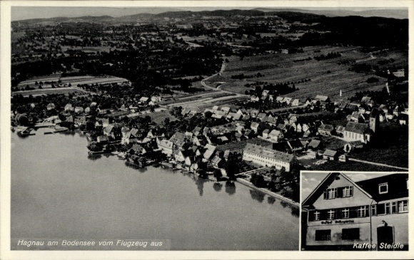 Ak Hagnau am Bodensee, Luftaufnahme von Hagnau, Bodenseeufer, Kaffee Steidle