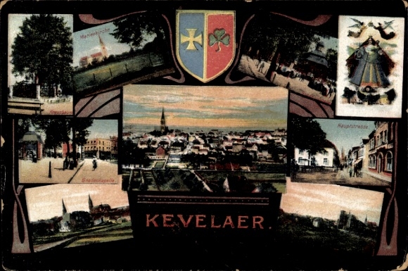 Postcard Kevelaer Rhein, Chapel of Grace, Cross Tree, Coat of Arms