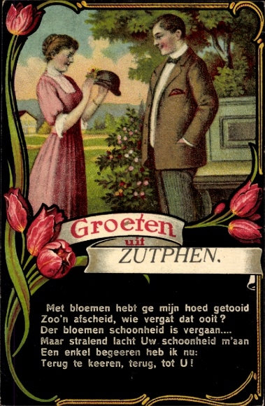 Gedicht Passepartout Ak Zutphen Gelderland, Grüße aus, Liebespaar, Hut