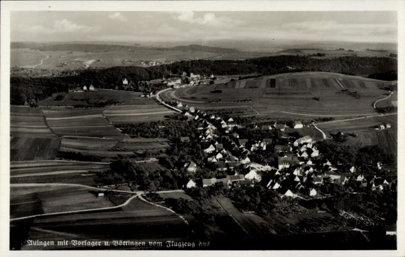 Ak Auingen Münsingen, Fliegeraufnahme, Löttingen, Wohnsiedlung, Felder
