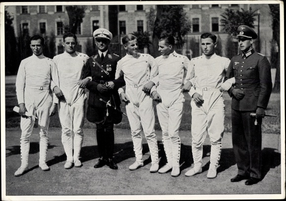 Sammelbild Olympia 1936, Deutsche Fünfkämpfer in Budapest, Handrick, Birk, Lemp, Schreiber